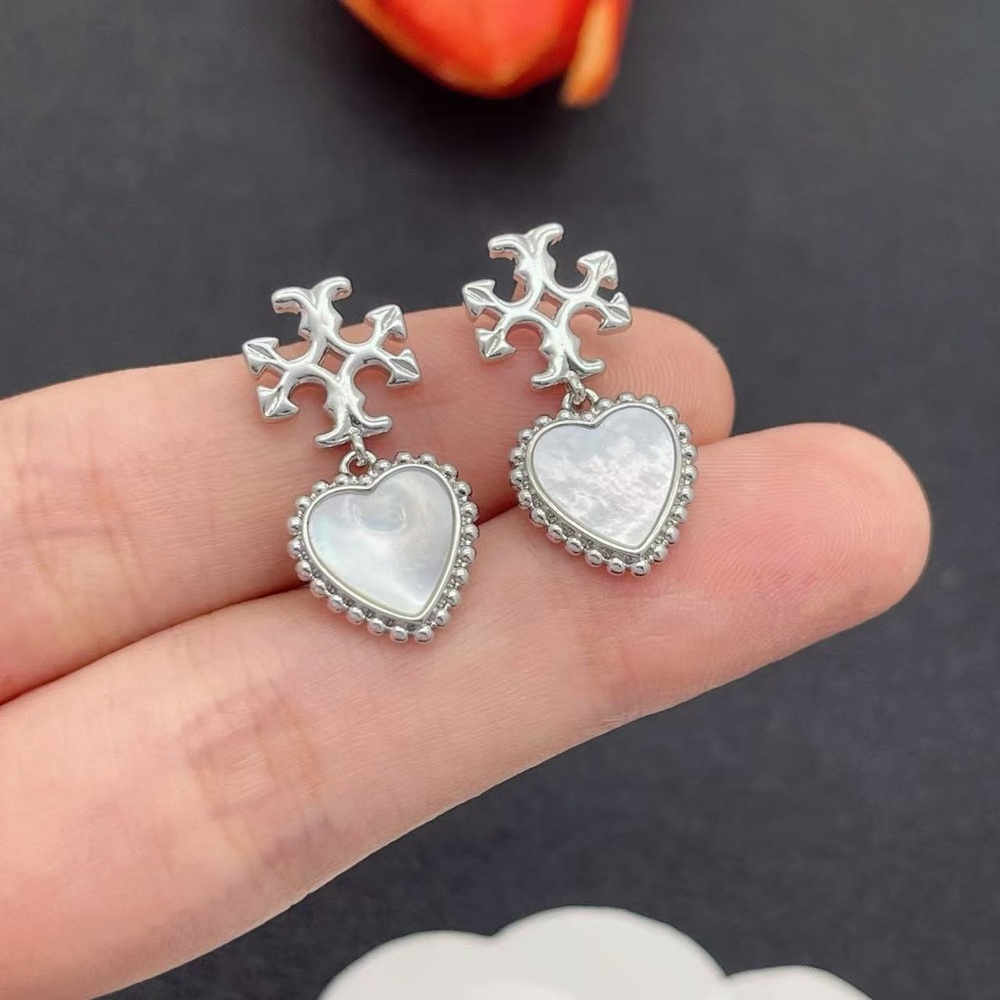 Tory Burch Silver Heart Mother of Pearl Drop Earrings Logo Stud